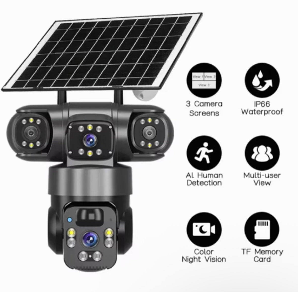 Camara Triple a prueba de agua Lente con Visión nocturna y panel solar potenciada por IA