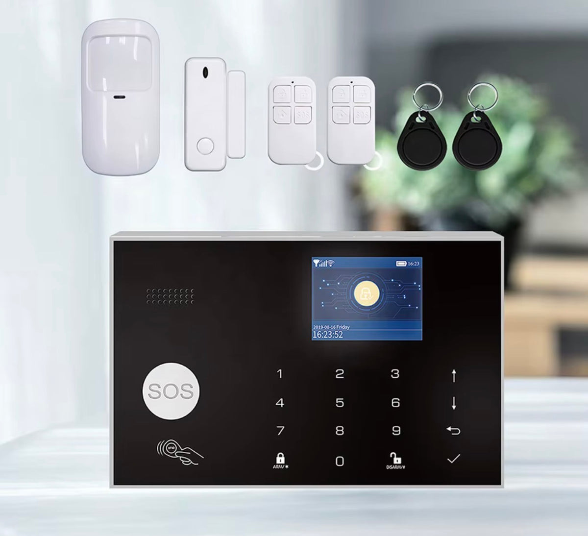 Combo de 4 unidades de sensores de movimiento + panel de control + controles
